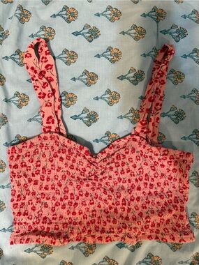 Pink Floral Smocked Crop Top with Adjustable Straps